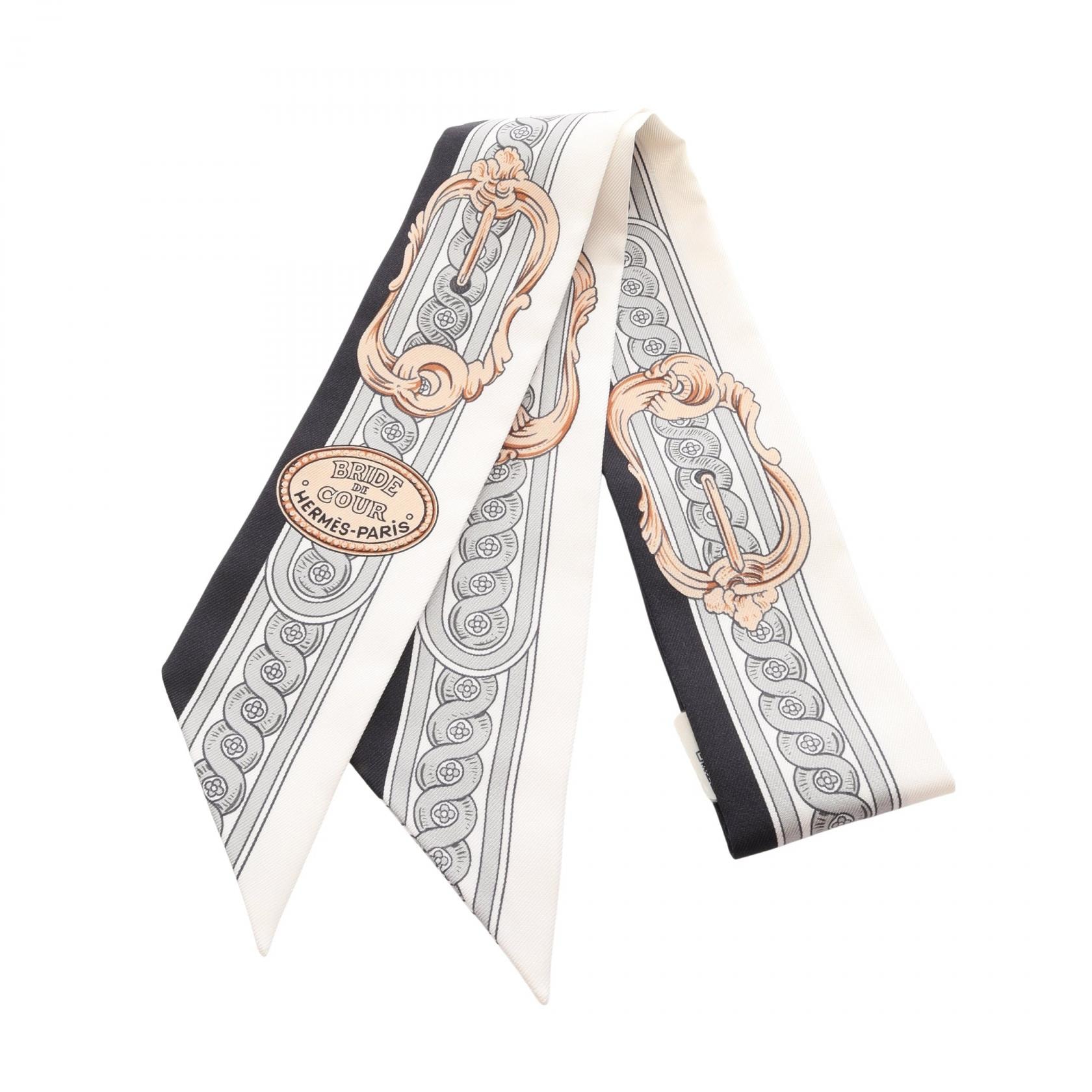 エルメス HERMES ツイリー BRIDE DE COUR スカーフ 衣料品 シルク シルク ホワイト レディース ホワイト系 / ブラック系 / グレー系 【中古】