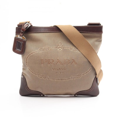 プラダ PRADA LOGO JACQUARD ロゴジャガード ショルダーバッグ バッグ キャンバス レザー レディース ベージュ系 / ブラウン系 【中古】