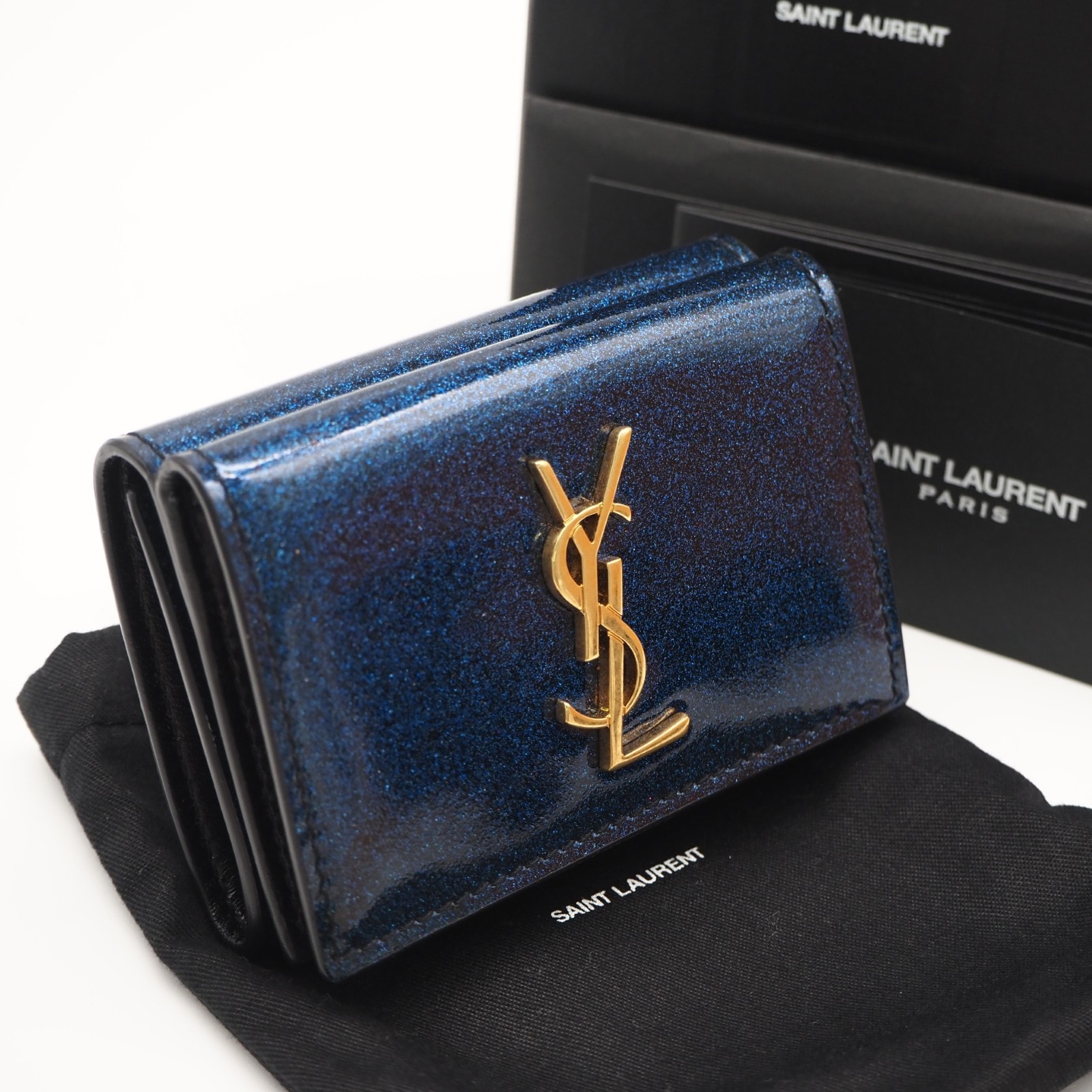 美品 SAINT LAURENT サンローラン パテントレザー コンパクトウォレット ART517378 三つ折り財布 ブルー パテントレザー レディース