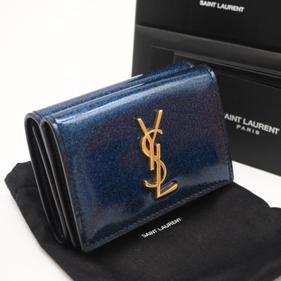 美品 SAINT LAURENT サンローラン パテントレザー コンパクトウォレット ART517378 三つ折り財布 ブルー パテントレザー レディース