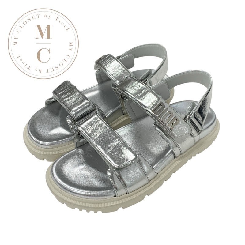 クリスチャンディオール CHRISTIAN DIOR DIORACT サンダル 靴 シューズ レザー メタリックシルバー 未使用 ロゴ ラムスキン ベルクロストラップ