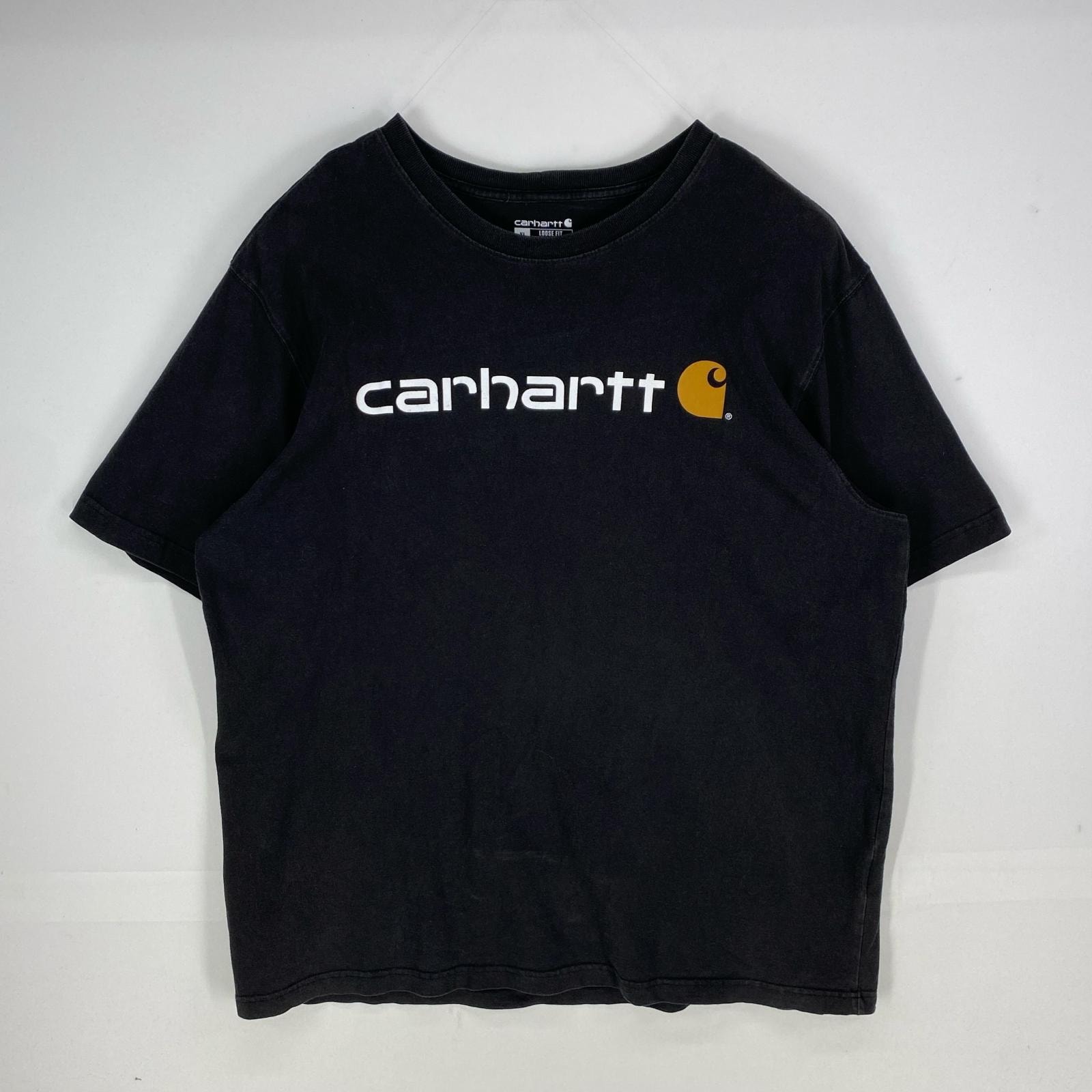 古着 カーハート Carhartt 半袖Tシャツ ロゴ ショートスリーブ クルーネック 大きいサイズ XL ブラック系 プリント メンズ