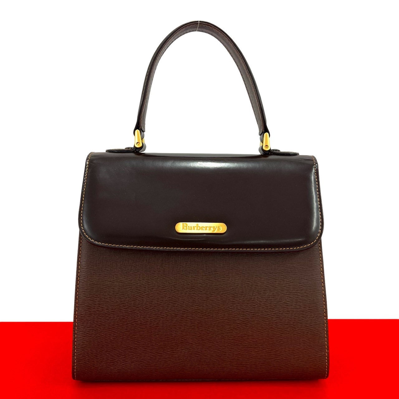 BURBERRY バーバリー ロゴ 金具 ノバチェック レザー パテントレザー ハンドバッグ ブラウン
 i2146