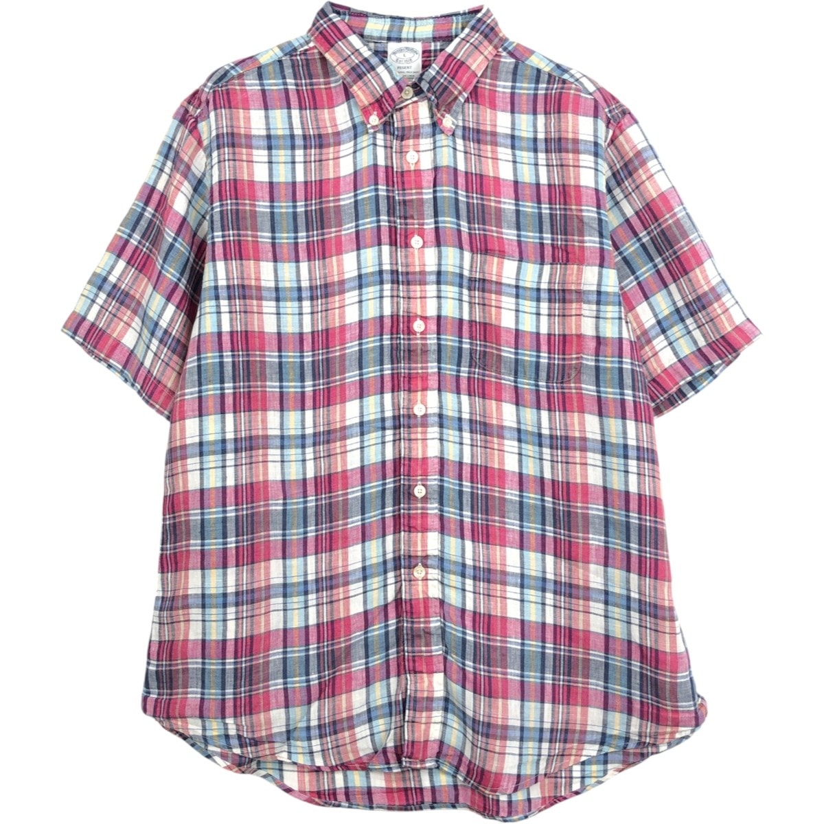 古着 ブルックスブラザーズ Brooks Brothers Est.1818 チェック柄 半袖 リネン ボタンダウンシャツ メンズL相当/eaa668140