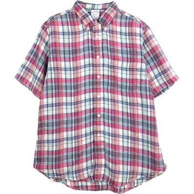 古着 ブルックスブラザーズ Brooks Brothers Est.1818 チェック柄 半袖 リネン ボタンダウンシャツ メンズL相当/eaa668140