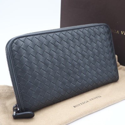 美品 BOTTEGAVENETA ボッテガヴェネタ イントレチャート ラウンドファスナー長財布 - 長財布 グレー カーフレザー メンズ