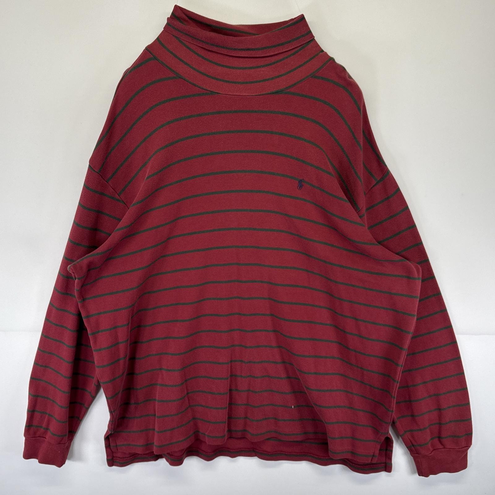 古着 ポロバイラルフローレン Polo by Ralph Lauren 長袖Tシャツ タートルネック ボーダー柄 ワンポイントロゴ刺繍 14041  レッド メンズ