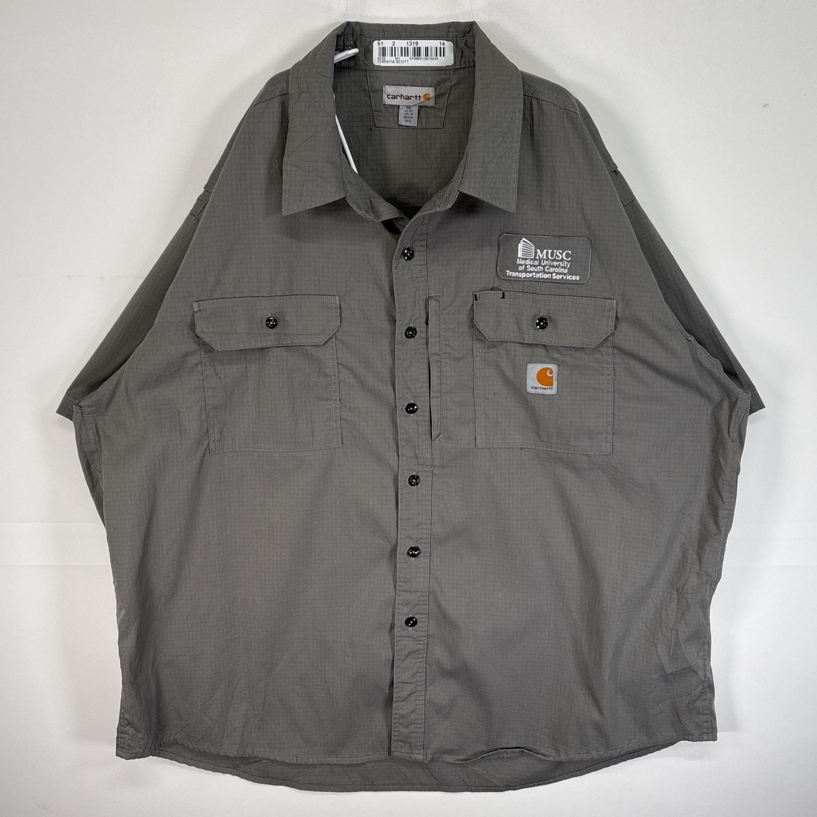 古着 カーハート Carhartt 半袖シャツ ワーク 作業着 リップストップ 大きいサイズ ワンポイント ロゴ 3XL グレー 無地 メンズ