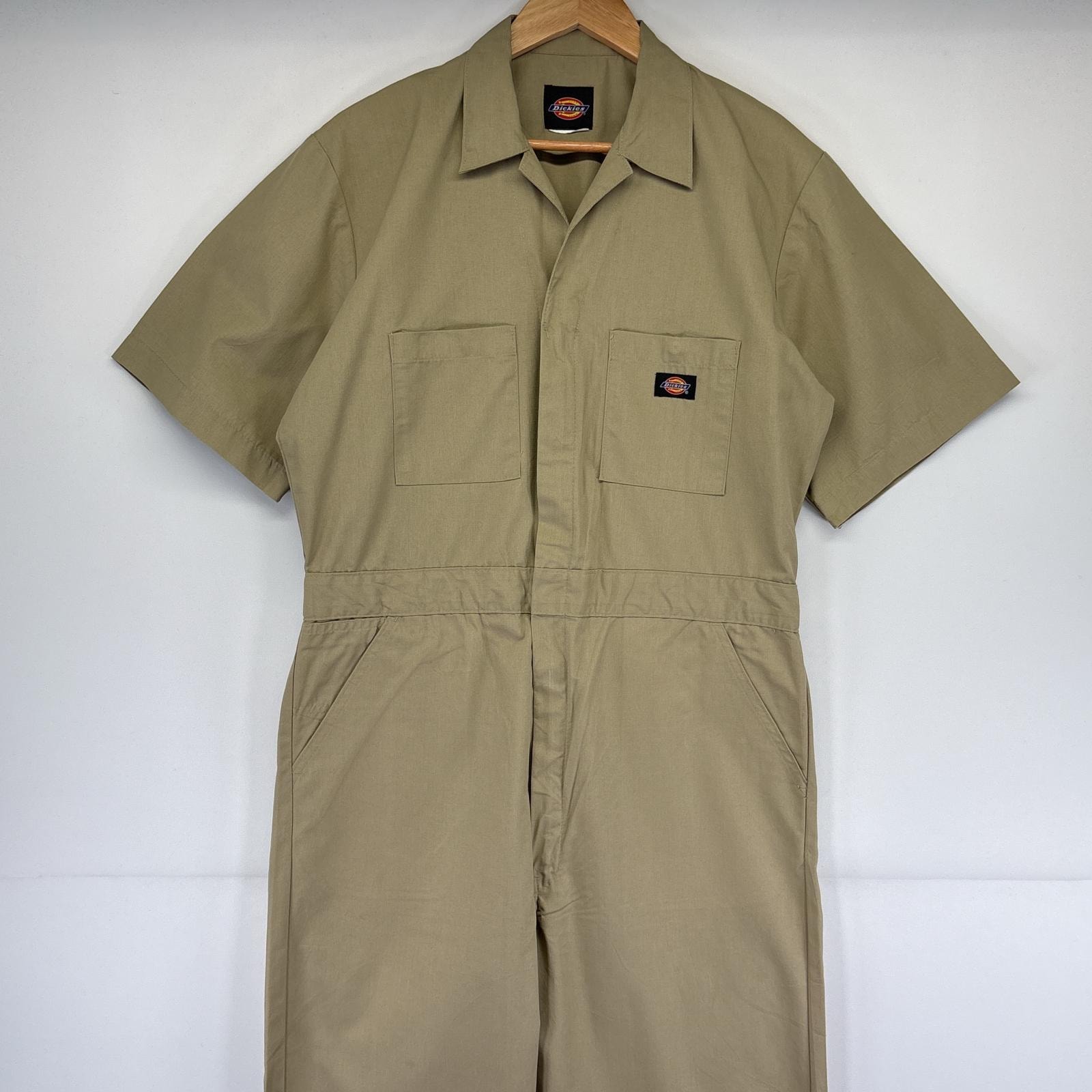 古着 ディッキーズ Dickies 半袖つなぎ オールインワン ワーク 作業着 ワンポイントロゴ ジップアップ 胸ポケット ベージュ メンズ