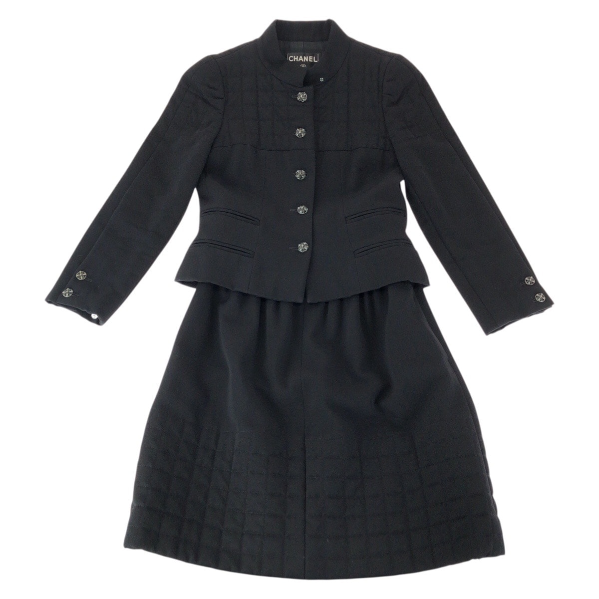 美品 CHANEL シャネル キルティング ココマーク タン カール ラガーフェルド作品 サイズ36 ブラック 黒 ウール セットアップ ジャケット スカート 601595 【中古】