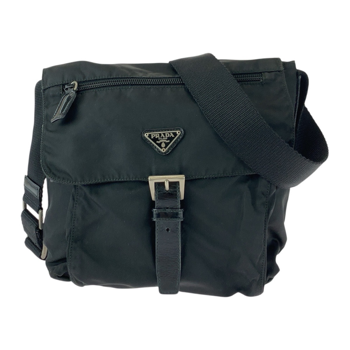 美品 PRADA プラダ テスート 三角ロゴプレート ブラック 黒 シルバー金具 ナイロン レザー/ ショルダーバッグ ポシェット 505430 【中古】
