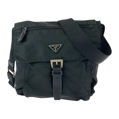 美品 PRADA プラダ テスート 三角ロゴプレート ブラック 黒 シルバー金具 ナイロン レザー/ ショルダーバッグ ポシェット 505430 【中古】