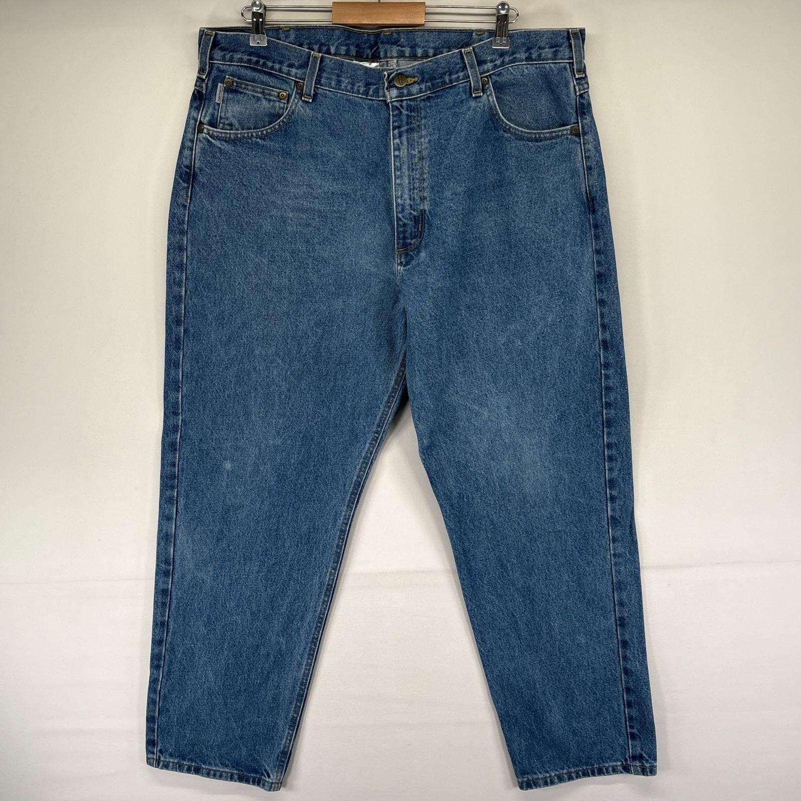 古着 カーハート Carhartt デニム パンツ 5ポケット テーパード ワーク ワンポイントロゴ 大きいサイズ W40 L30  ブルー系 メンズ