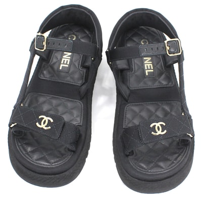 シャネル CHANEL CC マトラッセ サンダル サイズ:38 #38 G38880 黒 ブラック ココマーク ゴールド金具 レディース 婦人靴 スポーツサンダル ブランド 軽量
