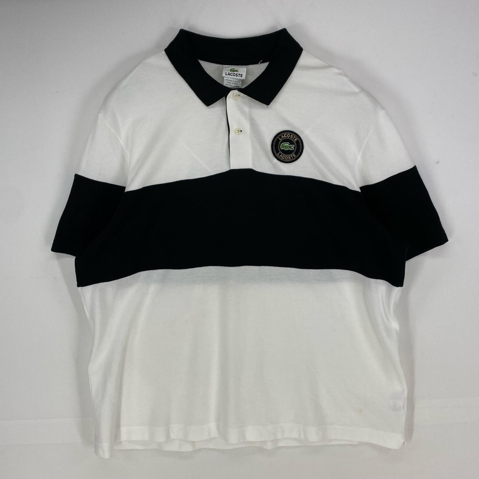古着 ラコステ LACOSTE 半袖シャツ ワンポイント ワッペン ロゴ 大きいサイズ ポロシャツ 3XL  ホワイト系 ボーダー メンズ
