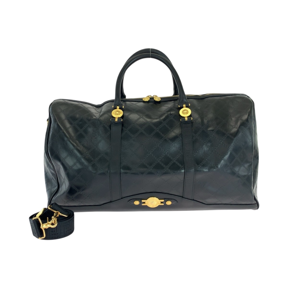 美品 VERSACE ヴェルサーチ ヴィンテージ サンバースト ブラック 黒 ゴールド金具 レザー ボストンバッグ ハンドバッグ 503810 【中古】