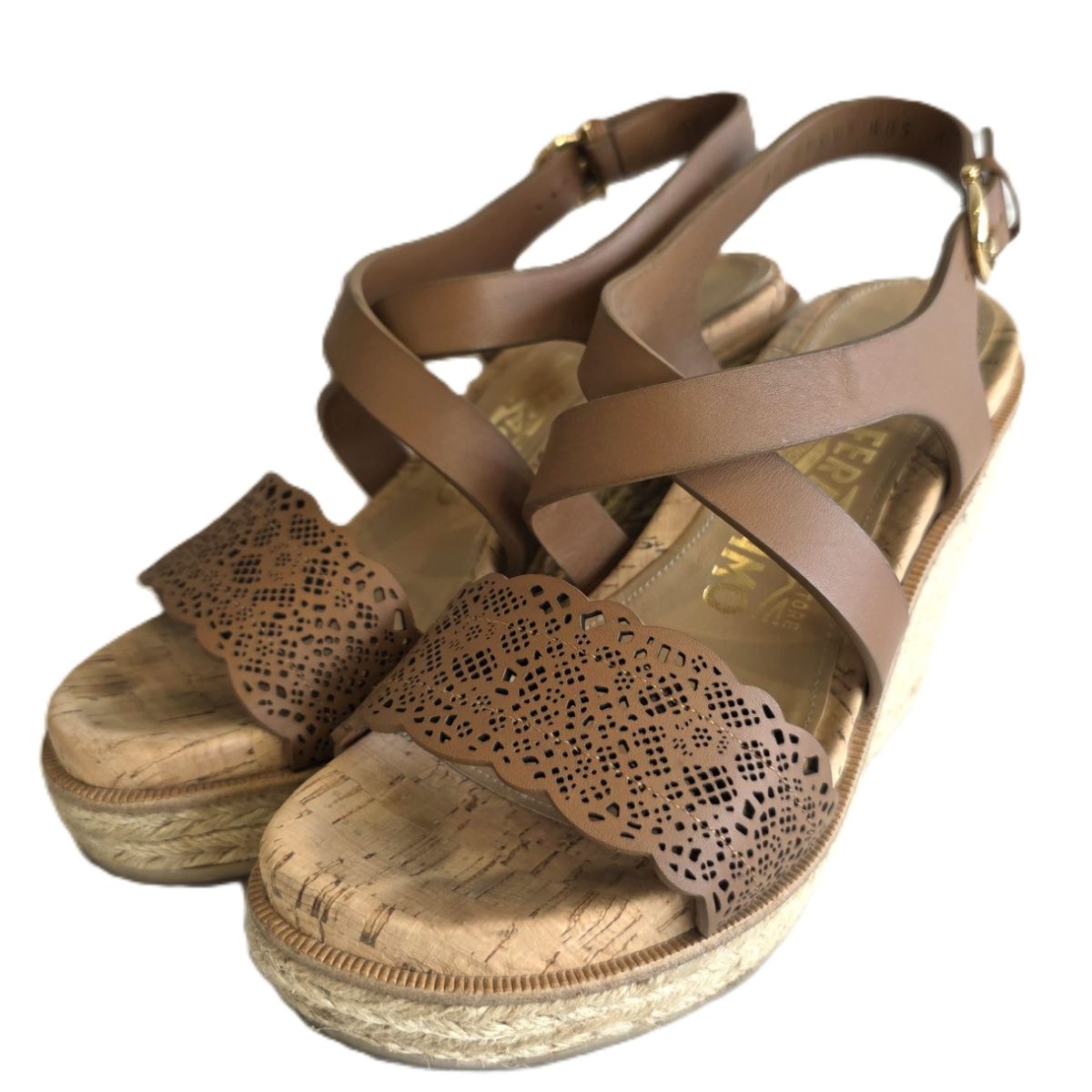 Salvatore Ferragamo サルヴァトーレフェラガモ ウエッジソール レース クロスストラップ 22cm サンダル レザー ブラウン  レディース【中古】