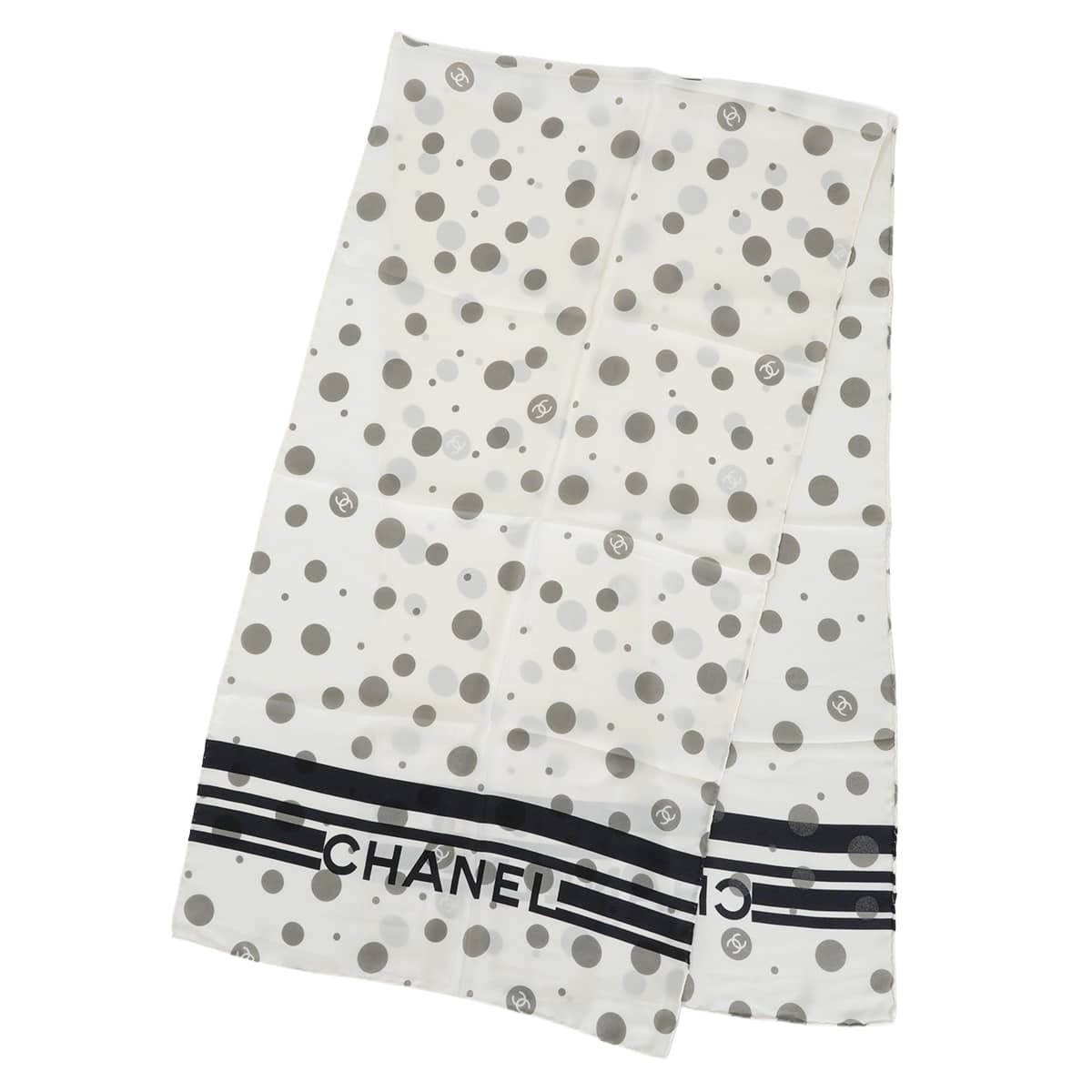 【渋谷並木橋店】CHANEL シャネル ストール ココマーク ドット ボーダー 白 (ホワイト)/黒 (ブラック)/グレー シルク 新品未使用