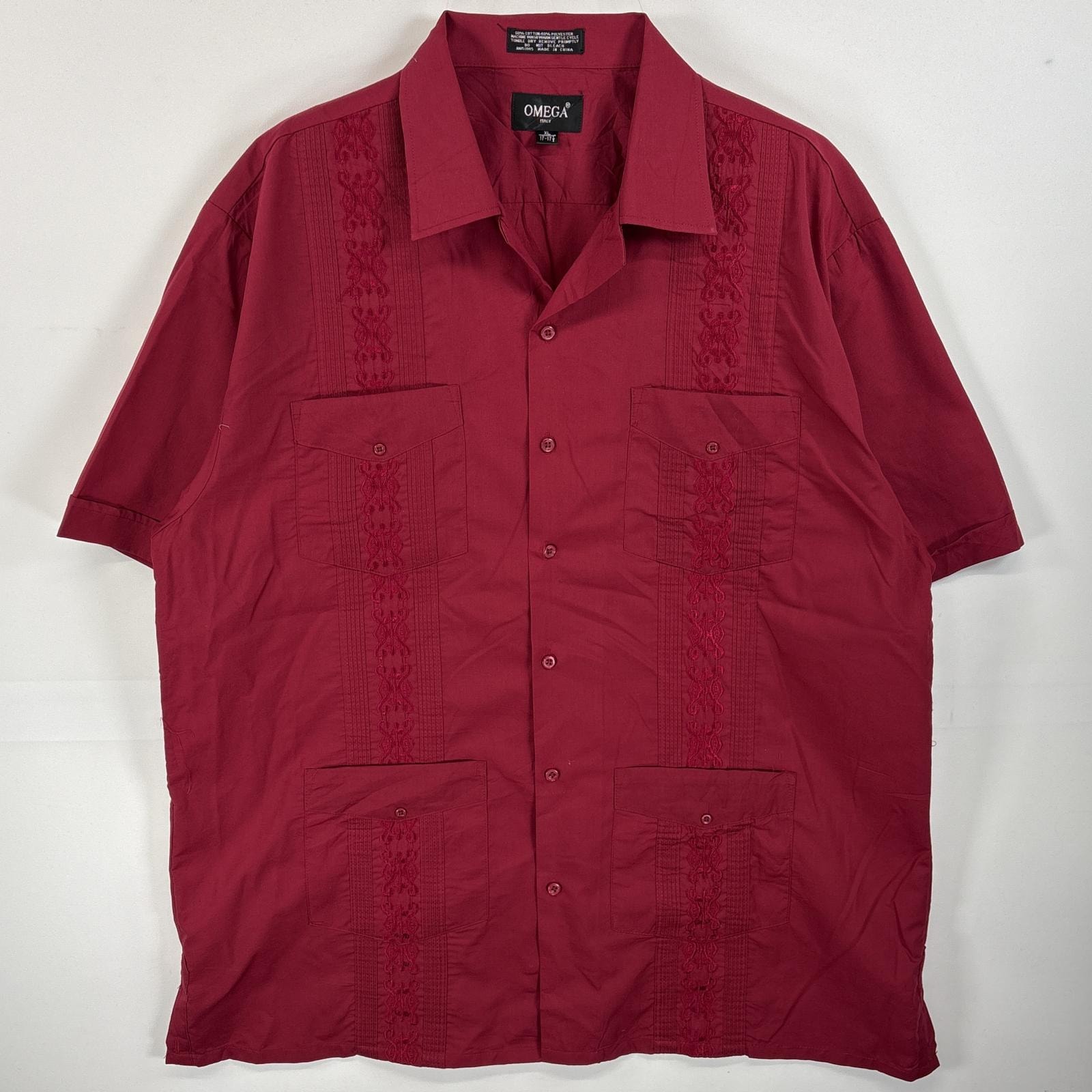 古着 オメガ OMEGA 半袖シャツ キューバシャツ 4つポケ 刺繍デザイン XL ワインレッド 無地 メンズ