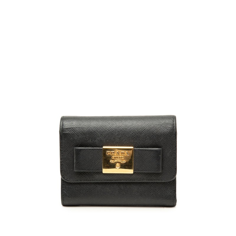 プラダ リボン 三つ折り財布 ブラック サフィアーノレザー レディース PRADA 【中古】
