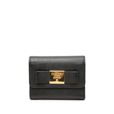 プラダ リボン 三つ折り財布 ブラック サフィアーノレザー レディース PRADA 【中古】