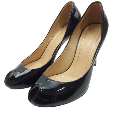 GUCCI グッチ ブーツ エナメル オープン トゥ パンプス ブラック系 35.5【中古】
