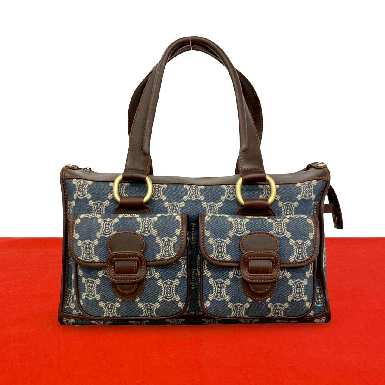 CELINE セリーヌ マカダム 柄 デニム レザー ハンドバッグ ブラウン
 26468