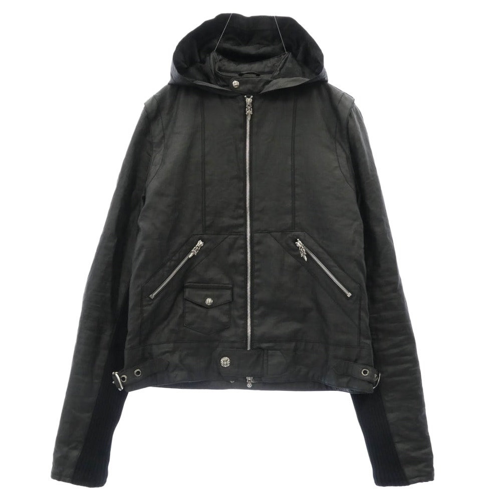 CHROME HEARTS クロムハーツ(原本無) レザージャケット ダガー&クロスボールダブルジップ バックスクロールラベル コーティング パデッド フーデッド ブルゾン ジャケット ブラック系 S【中古】