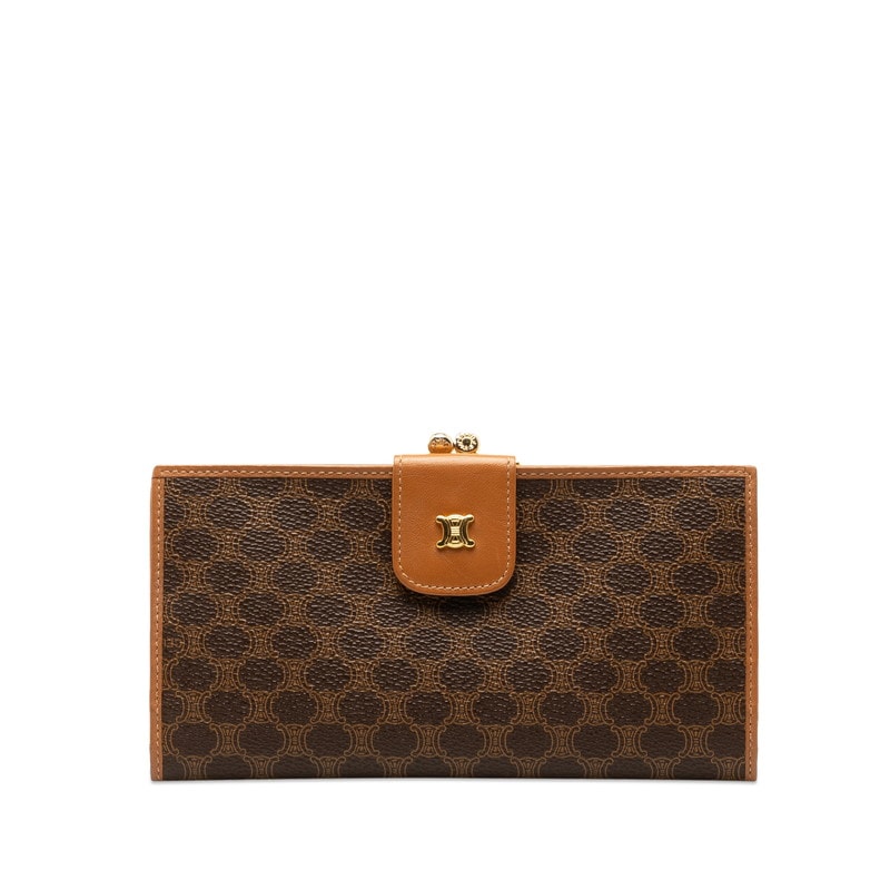 セリーヌ マカダム がま口 長財布 ブラウン PVC レザー レディース CELINE 中古
