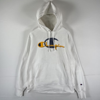 古着 チャンピオン Champion パーカー リバースウィーブ スウェット ビッグロゴプリント フーディ マフポケット MEDIUM ホワイト メンズ