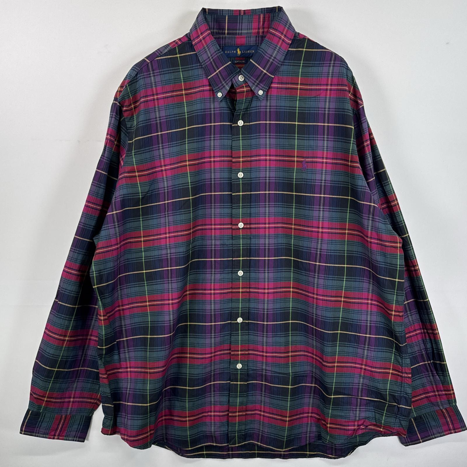 古着 ラルフローレン RALPH LAUREN 長袖シャツ マルチカラー ボタンダウンシャツ 大きいサイズ ワンポイント 14041  レッド系 チェック メンズ