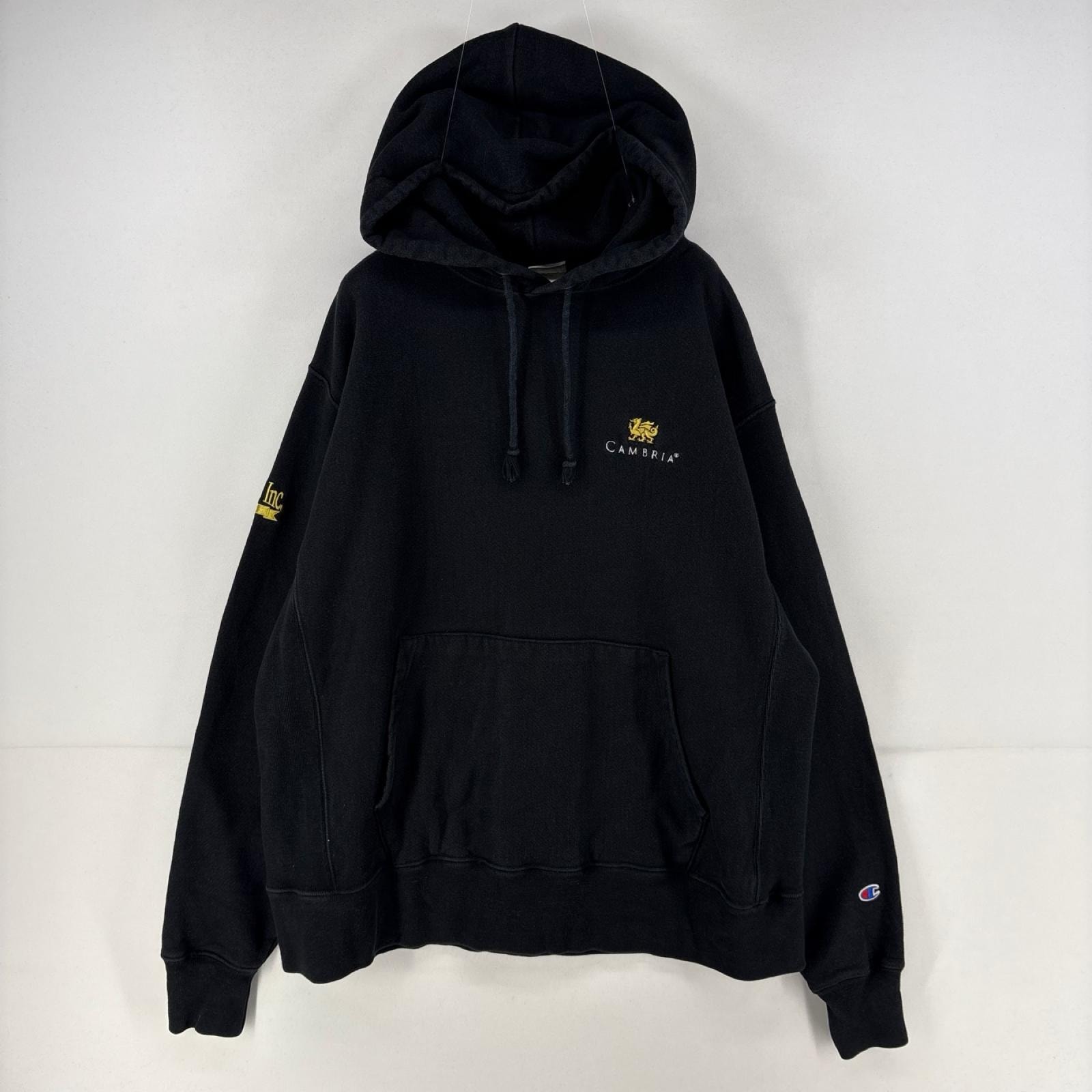 古着 チャンピオン Champion パーカー スウェット プルオーバー 刺繍 リバースウィーブ L  ブラック 無地 メンズ
