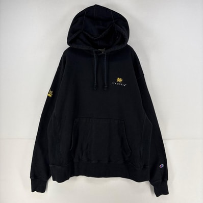 古着 チャンピオン Champion パーカー スウェット プルオーバー 刺繍 リバースウィーブ L ブラック 無地 メンズ