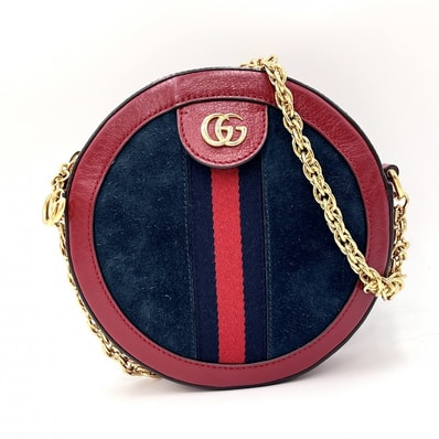 GUCCI(グッチ)オフィディア ミニ ラウンド ショルダーバッグ ヴィンテージ ウェブストライプ ネイビー レッド スエード レザー 550618【中古】