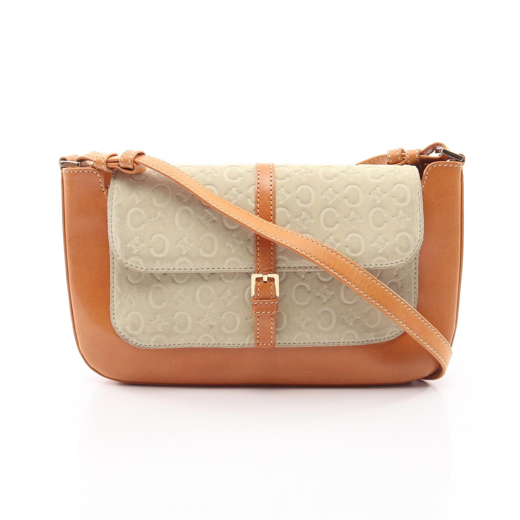 セリーヌ CELINE Cマカダム ショルダーバッグ バッグ レザー スウェード レディース アイボリー系 / ブラウン系 【中古】