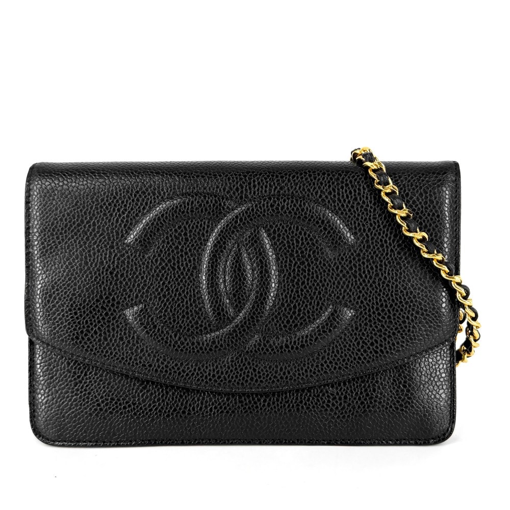 CHANEL シャネル チェーンウォレット ココマーク ショルダーバッグ 長財布 肩掛け 斜め掛け  キャビアスキン   ブラック 黒 ゴールド金具 レディース【中古品】