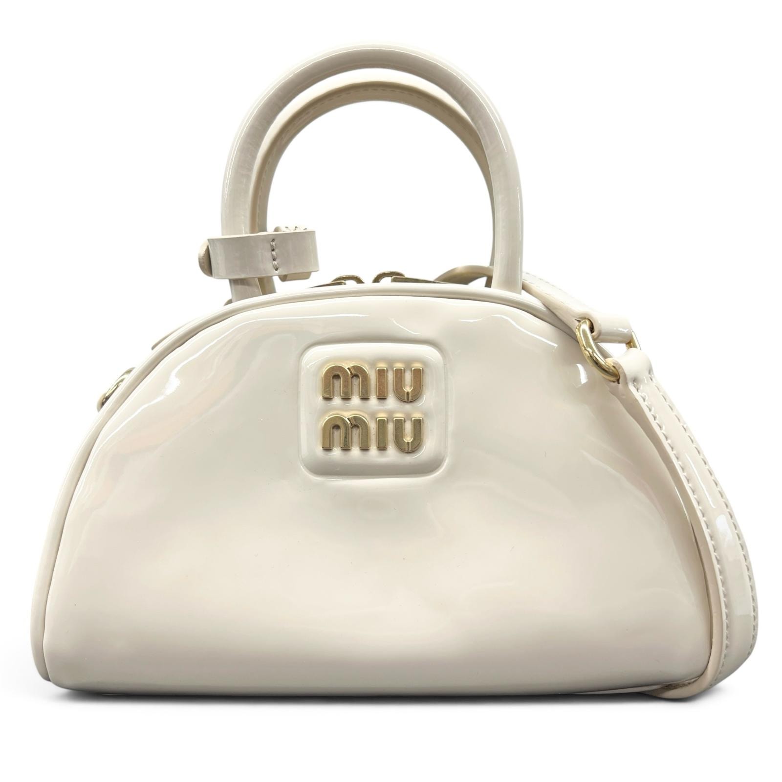 miumiu 極美品 ミュウミュウ ロゴ パテント ミニバッグ 2way ハンドバッグ ショルダーバッグ 5BP085 ICチップ確認済 レザー アイボリー ポシェット ミニボストン Aランク 中古 鑑定済 ミュウミュウバッグ