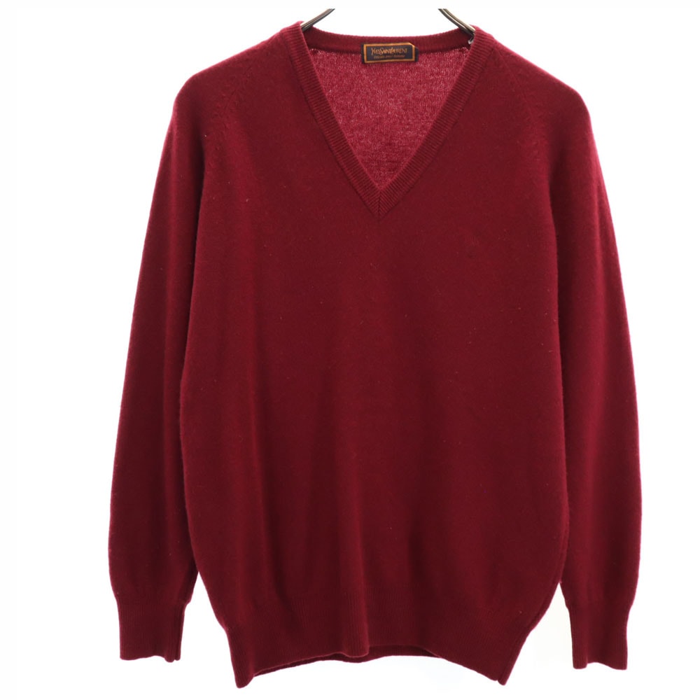 YVES SAINT LAURENT イヴサンローラン 90s 日本製 カシミヤブレンド オールド 長袖 Vネック セーター L ワインレッド ニット