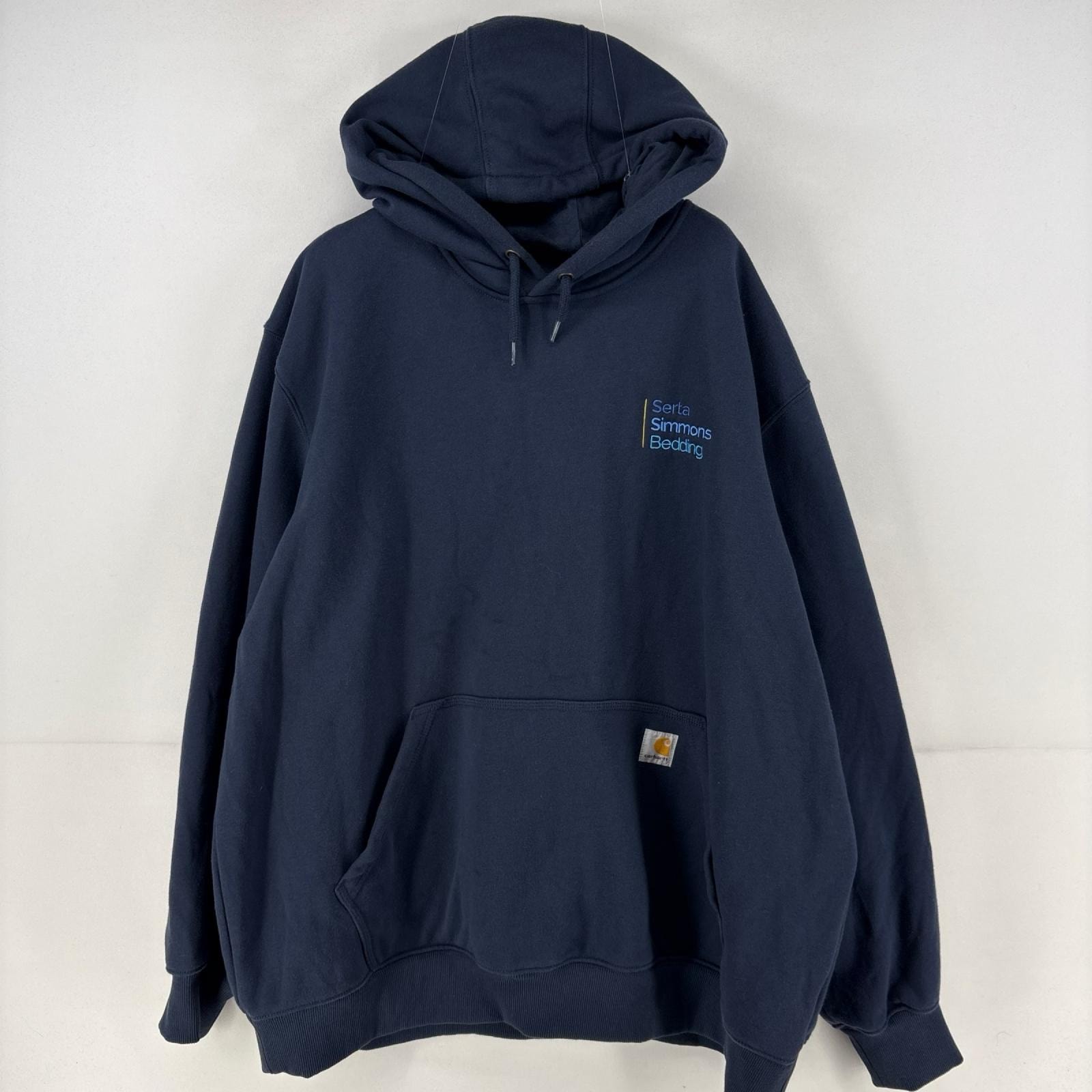 古着 カーハート Carhartt パーカー スウェット 刺繍 企業大きいサイズ 厚手 プルオーバー ワンポイント 2XL ネイビー 無地 メンズ