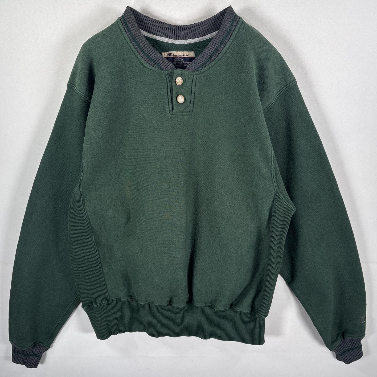 古着 チャンピオン Champion スウェット ハーフボタン リバースタイプ トレーナー ワンポイントロゴ刺繍 目なし  グリーン メンズ