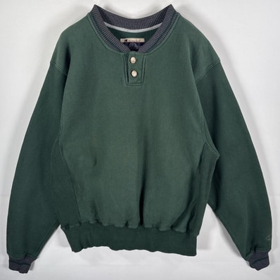 古着 チャンピオン Champion スウェット ハーフボタン リバースタイプ トレーナー ワンポイントロゴ刺繍 目なし グリーン メンズ