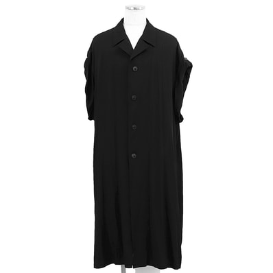 【美品】Yohji Yamamoto POUR HOMME ヨウジヤマモトプールオム ロング 半袖シャツ サイズ 3 メンズ レーヨン100% オープンカラー トップス ブラック 黒 日本製