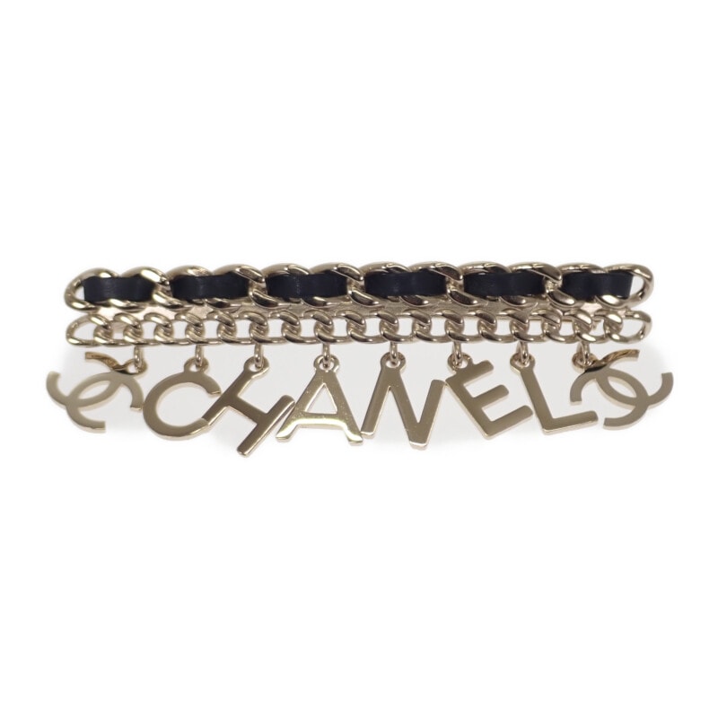 シャネル CHANEL CCロゴチェーン ブローチ メタル レザー ゴールド ブラック レディース【中古】【ABランク】