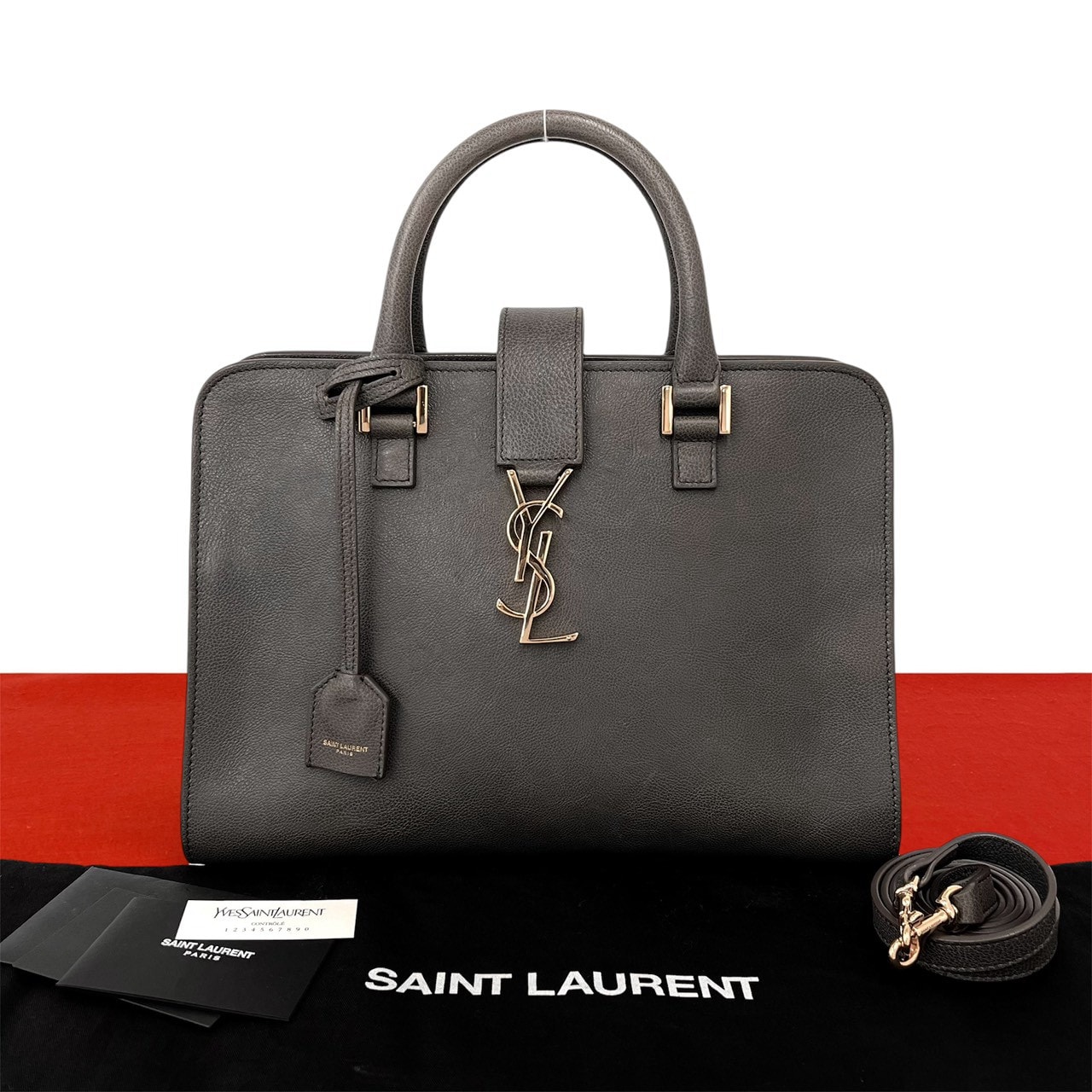 YVES SAINT LAURENT イヴ・サンローラン ベイビーカバス YSL ロゴ 金具 レザー ショルダーバッグ グレー
 121-7
