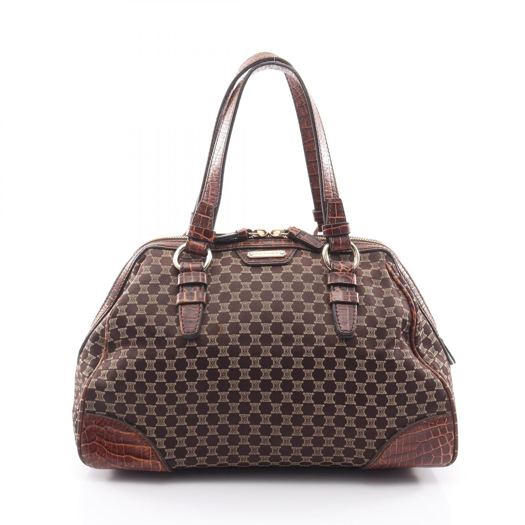 セリーヌ CELINE マカダム クロコ型押し ハンドバッグ バッグ キャンバス レザー レディース ブラウン系 【中古】
