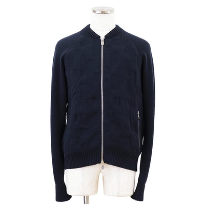 【極美品】HERMES エルメス ブルゾン サイズ M レディース ウール × カシミヤ ジップアップ ジオメトリック アウター ネイビー 紺 イタリア製