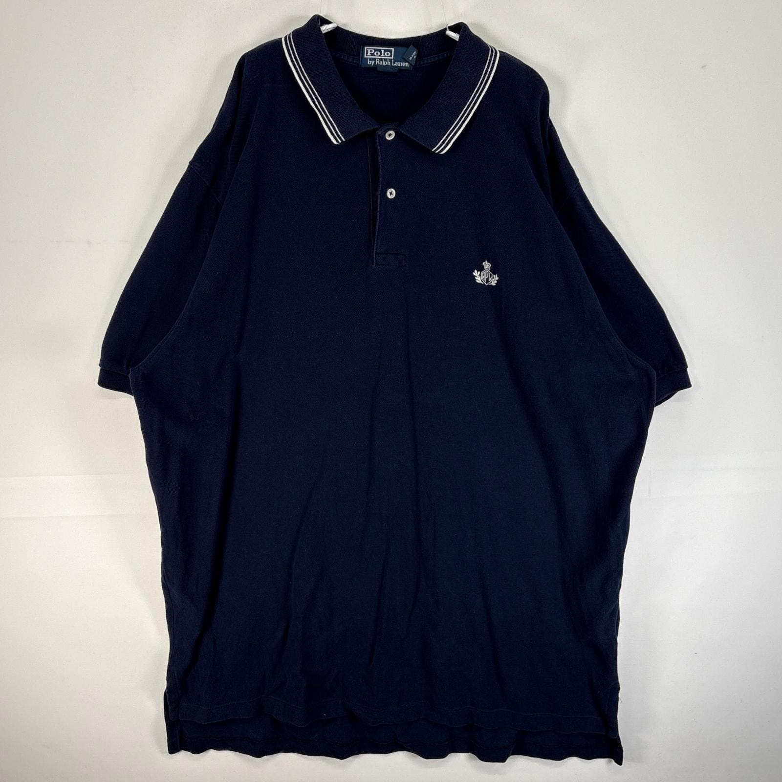 古着 90's/90年代 ポロバイラルフローレン Polo by Ralph Lauren 鹿の子 半袖 ポロシャツ ロゴ 刺繍 大きいサイズ 2ボタン 14041  ネイビー 無地 メンズ