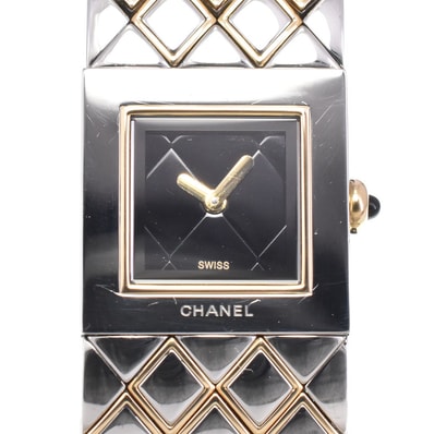 値下 シャネル CHANEL H0475 マトラッセ SS/GP ブラック クォーツ レディース 良品 腕時計 D#146744