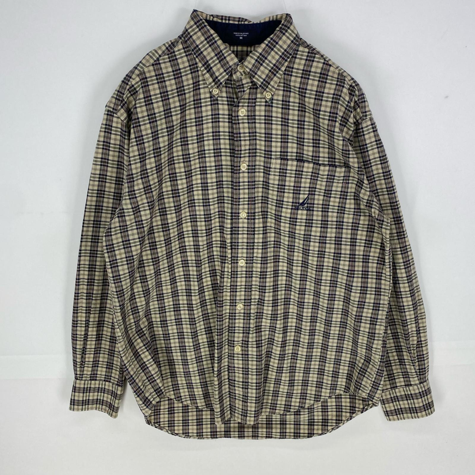 古着 ノーティカ NAUTICA 長袖シャツ ボタンダウン 刺繍ロゴ ワンポイント ロングスリーブ M  ベージュ系 チェック メンズ