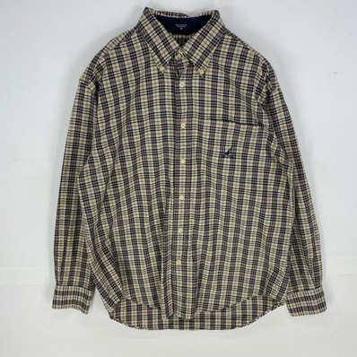古着 ノーティカ NAUTICA 長袖シャツ ボタンダウン 刺繍ロゴ ワンポイント ロングスリーブ M ベージュ系 チェック メンズ